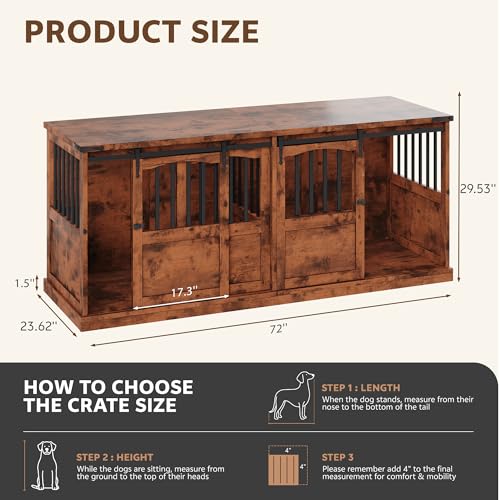72 Double Dog Crate Furniture for 2 Dog Dog Kennel Furniture Brown, view 3
