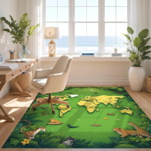 Design&I 6'x9' Green Tropical World Map Adventure Washable Area Rug | Explore Exotic Animals in an Educational Layout for Queen Size Bedroom, Under Bed, Sleek Flatweave Pet Friendly