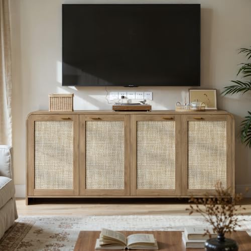 67" Rattan Sideboard Buffet Cabinet with Storage, Caramel Oak, view 4