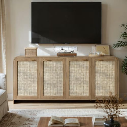 67" Rattan Sideboard Buffet Cabinet with Storage, Caramel Oak, view 4