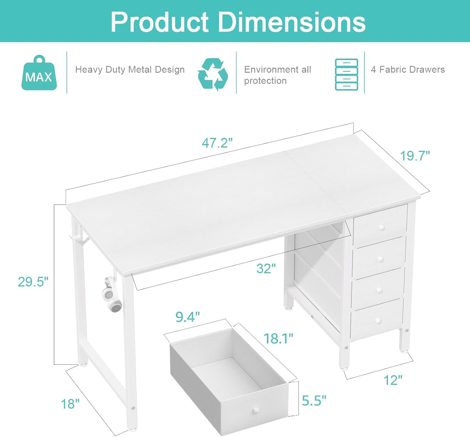 White Computer Desk with Drawers, 47 Inch Reversible Study Work Writing Desk for Home Office Bedroom, Simple Modern Cute PC Desks with Fabric Drawer, White