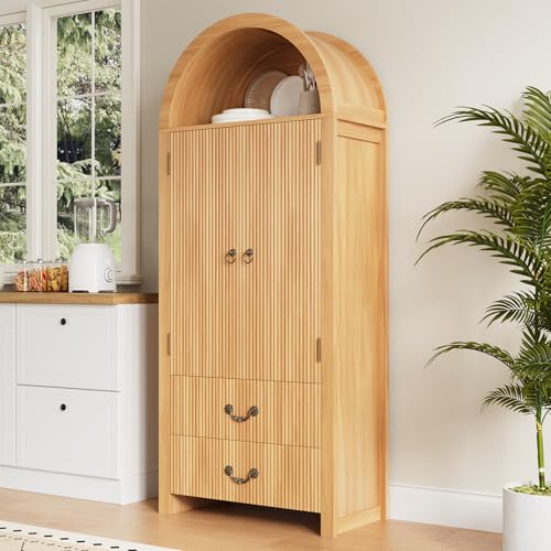 71" Arched Storage Cabinet with Fluted Doors, Tall Wood Pantry Cabinet with Drawers & Adjustable Shelves, Modern Coffee Bar Cabinet, Natural Oak