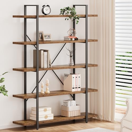 Rustic Bookcases and Book Shelves 5 Shelf, Metal Wood 5 Tier Bookshelf and Storage Book Rack, Vintage Large Book Shelf for Bedroom Living Room Office,Open Vertical Display Etagere Book Case, Brown