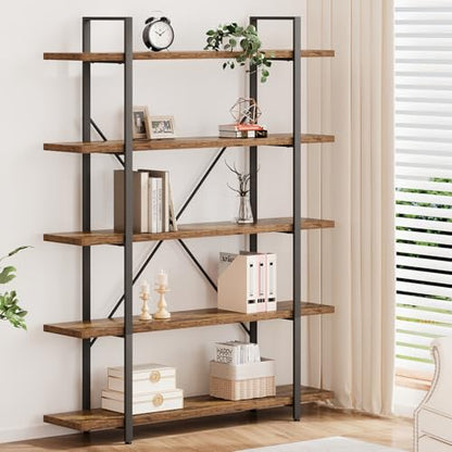 Rustic Bookcases and Book Shelves 5 Shelf, Metal Wood 5 Tier Bookshelf and Storage Book Rack, Vintage Large Book Shelf for Bedroom Living Room Office,Open Vertical Display Etagere Book Case, Brown
