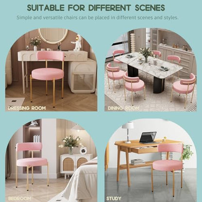 Desk Chair No Wheels Vanity Chair Comfy Accent Chair for Living Dining Room Bedroom Home Office Mid Century Modern Upholstered Armless Chair with Metal Legs (Gold Frame+Pink, 4)