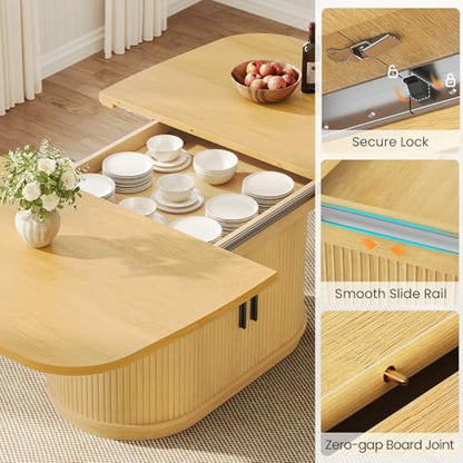 47.2"-63" Extendable Dining Table with Storage Cabinet, Fluted Wood Kitchen Table Seats 4-8, Modern Farmhouse Expandable Dining Room Table for Small Space, Apartment, Home Dining, Oak