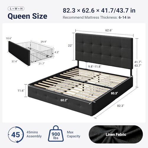 Upholstered Queen Size Platform Bed Frame with 4 Storage Drawers and Headboard, view 3