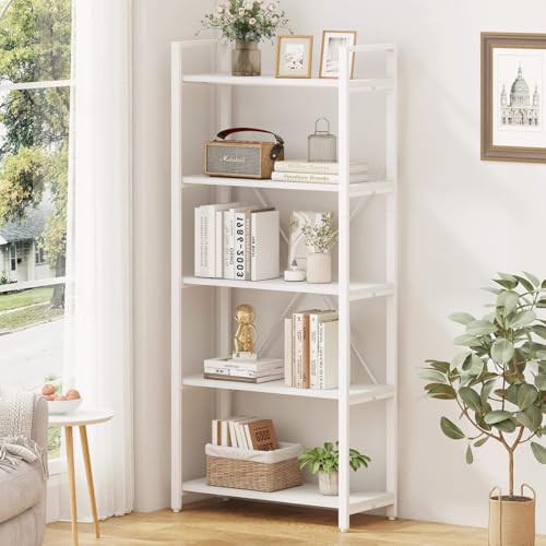 5 Tier Bookshelf, Metal and Wood Bookcase, Etagere Book Shelf for Display, Modern Shelving Unit Tall Book case for Home Office, Living Room (White Oak)