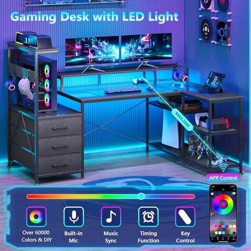 L Shaped Gaming Desk with Drawers & Storage Shelves, Corner Gaming Desk with Power Outlets & LED Light, Reversible Computer Desk with Monitor Stand & Hooks, Carbon Fiber Black
