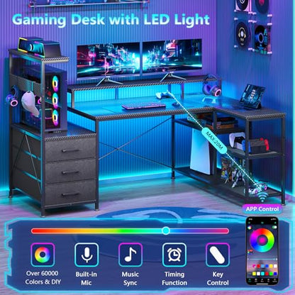 L Shaped Gaming Desk with Drawers & Storage Shelves, Corner Gaming Desk with Power Outlets & LED Light, Reversible Computer Desk with Monitor Stand & Hooks, Carbon Fiber Black