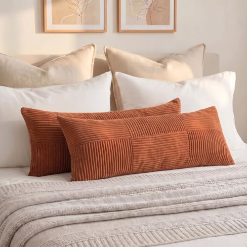 Fancy Homi Set of 1 Rust Boho Long Lumbar Body Decorative Throw Pillow Cover 14x36 Inch for Bed Couch Bedroom Bench, Soft Patchwork Corduroy Textured Pillow Case, Rustic Farmhouse Room Decor