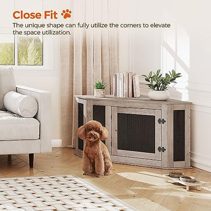 Corner Dog Crate Furniture, Wooden Dog Kennel End Table, Decorative Pet Crate Indoor Use, Furniture Style Dog House for Small Medium Dog, Dog Cage TV Stand, Greige and Black DCHG0801