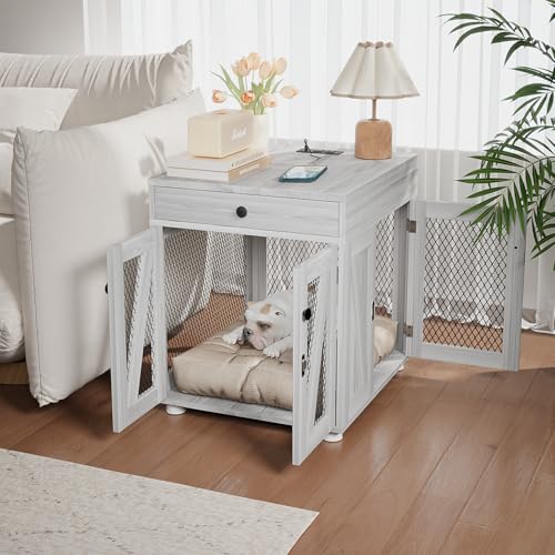 Wooden Dog Crate End Table with USB Charging Station, Gray, view 7