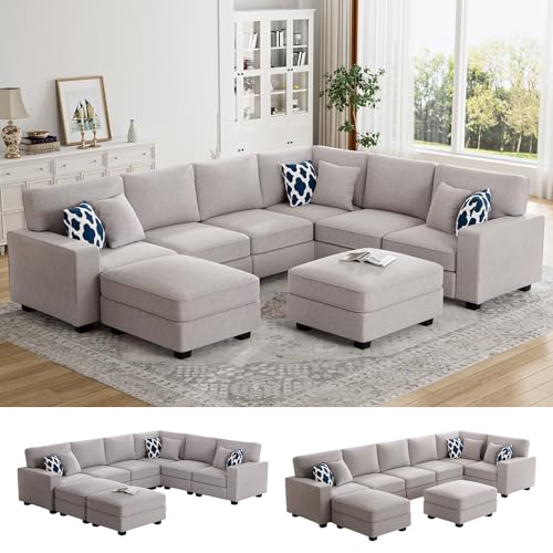 Oversized Modular Sectional Sofa,U/L‑Shaped Reversible Couch with Ottoman,Deep Seat Plush Polyester Sofa for Living Room,8‑Seater,Light Grey