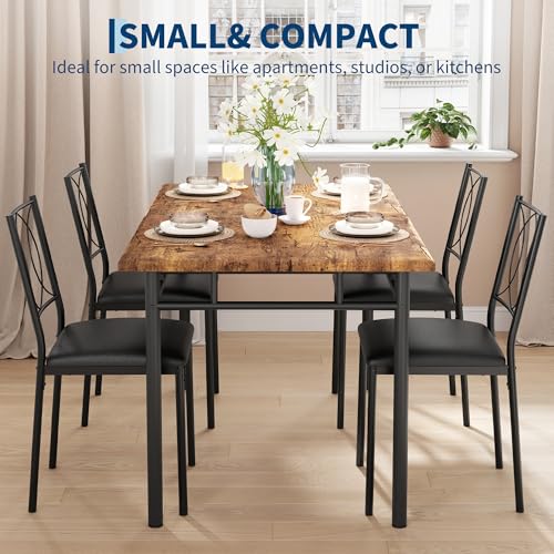 Dining Table Set for 4, Small Kitchen Table with Upholstered Chairs, Farmhouse Wood Dining Table Chairs for Kitchen Room, Small Spaces, Apartment, Brown