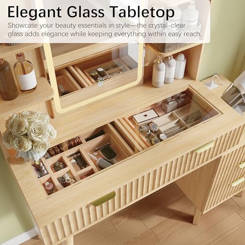 Fluted Makeup Vanity Desk with Mirror and Lights, view 5