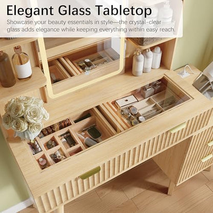 Fluted Makeup Vanity Desk with Mirror and Lights, view 5