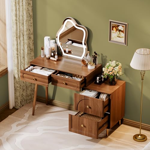 Walnut Stylish Corner Makeup Vanity Table，Vanity Desk with Lighted Mirror and 4, view 4