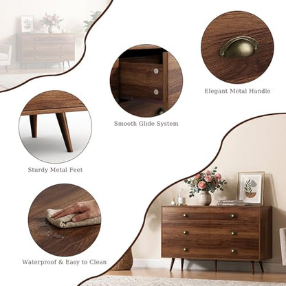 Walnut 6 Drawer Dresser for Bedroom, 47" Wood Dresser with Gold Handles., view 7