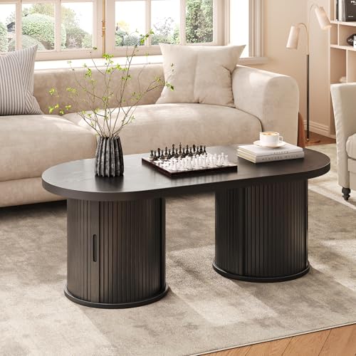 47" Fluted Coffee Table, Oval Coffee Table with 2 Storage Legs | Mid-Century Modern Center Tables with Sliding Doors, Coffee Tables for Living Room, Black