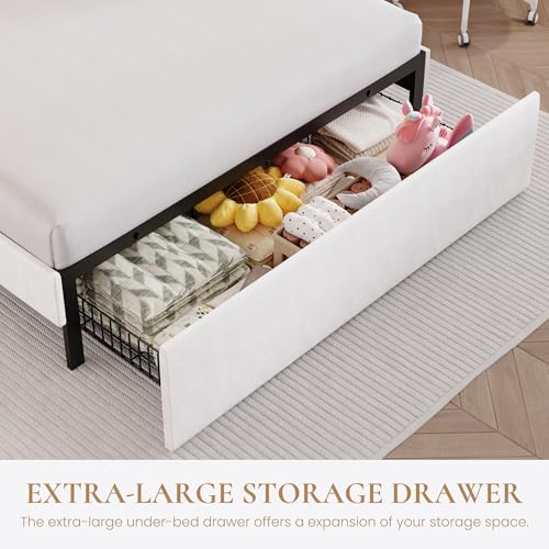 Queen Size Bed Frame with LED Lights and Storage Drawer, White, view 5