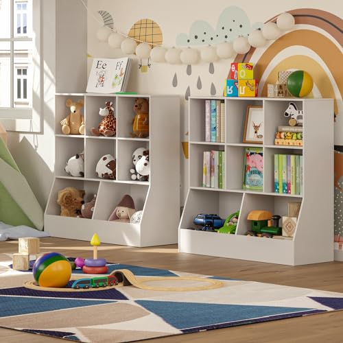 Toy Storage Organizer, Kids Bookshelf, Wood Toy Storage Cabinet, 3-Tier 8 Cubby Children Bookcase, 39.4" L Toddler Book Shelf for Playroom, Living Room, Nursery, Hallway, Classroom, White