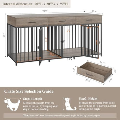 Double Dog Crate, 71" W Indoor Dog Kennel Furniture for 2 Dog, Grey, view 5
