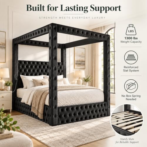 Black Queen Size Canopy Bed Frame with Velvet Upholstered Headboard, view 6