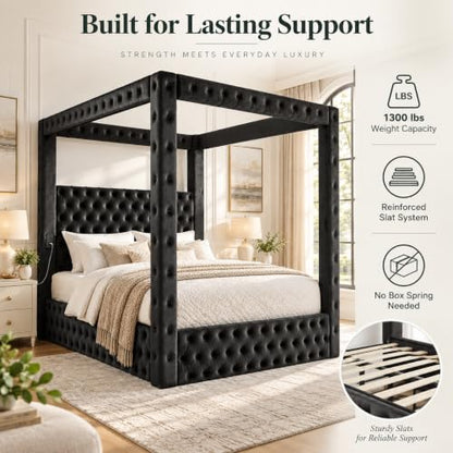 Black Queen Size Canopy Bed Frame with Velvet Upholstered Headboard, view 6