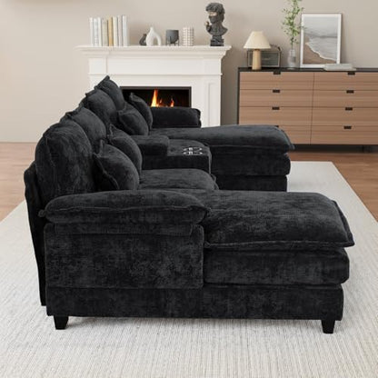 U Shaped Cloud Sectional Couch, 132" Fluffy Modular Sofa Set with Double Chaise Lounge Central Console & USB Port, Comfy Chenille Big Sectional Couches for Living Room, Dark Black