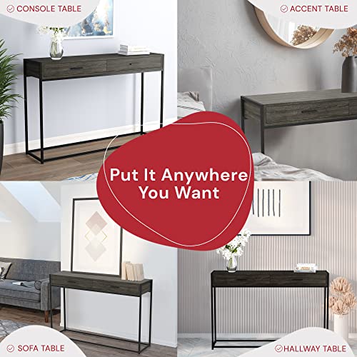 & Co. - Dark Grey Console Table with Black Metal Leg, Hallway Table with Drawers, Use As Doorway Table, Hallway Desk, or Accent Furniture for Decorating Foyer, 48 x 12 x 32 Inches