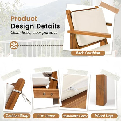 Patio Chairs 3 Piece Acacia Wood Patio Furniture with Coffee Table & Cushions Outdoor Conversation Set Balcony Chairs for Porch, Deck, Backyard