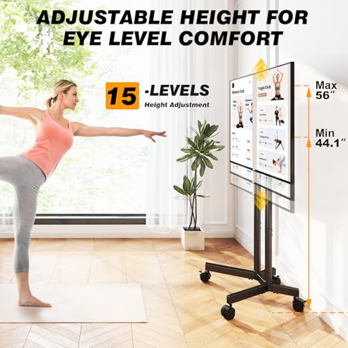 Dual-Pole Rolling TV Stand for 32-75 inch LCD LED Flat & Curved TVs, Height Adjustable Portable TV Stand with Lockable Wheels, Mobile TV Cart up to 88lbs for Bedroom, Living Room, Outdoor