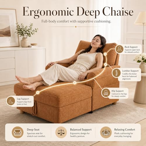 63" Oversized Chaise Lounge Chair Indoor, Orange, view 7