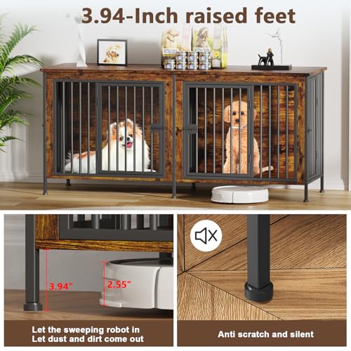 63" Dog Crate Furniture for 1 or 2 Dogs, Brown (DC102), view 3