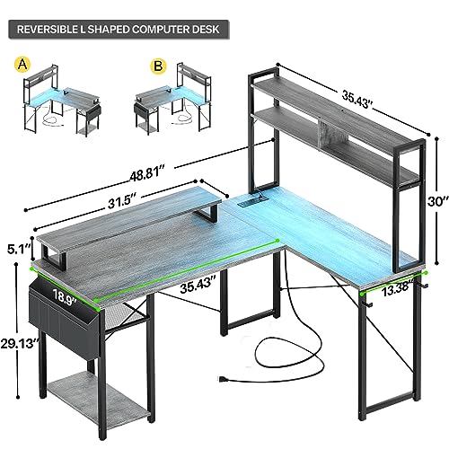 Small L Shaped Desk Gaming Desk with LED Lights & Power Outlets, view 3
