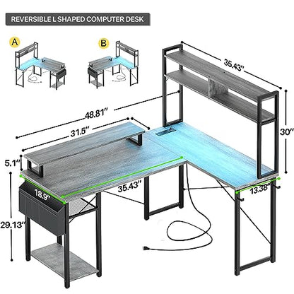 Small L Shaped Desk Gaming Desk with LED Lights & Power Outlets, view 3