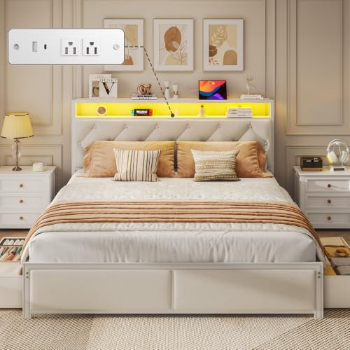 Queen Bed Frame with 4 Drawers, Upholstered Headboard with Storage, view 4