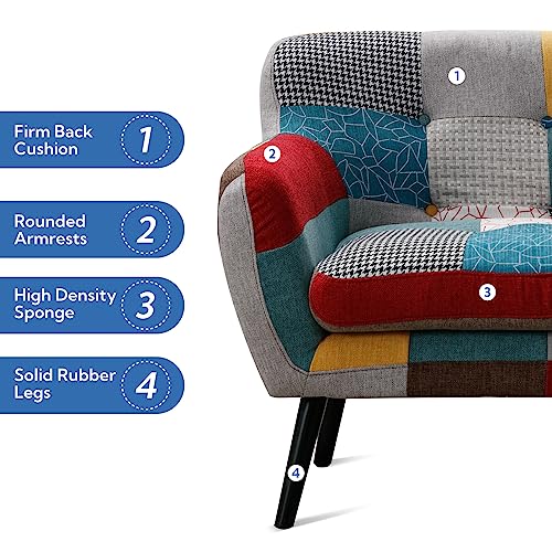 Modern Oversized Accent Chair for Living Room, Colorful Boho Linen Fabric Upholstered Armchair with Wood Legs, Single Chair