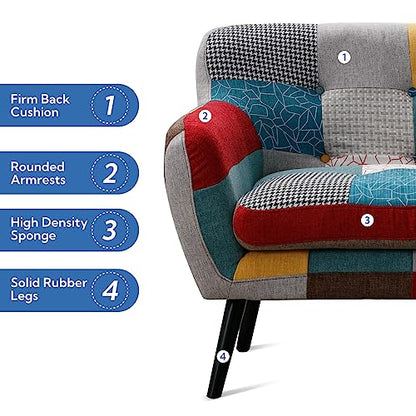 Modern Oversized Accent Chair for Living Room, Colorful Boho Linen Fabric Upholstered Armchair with Wood Legs, Single Chair