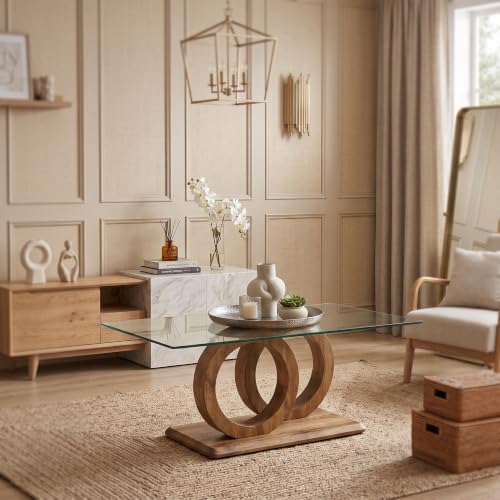 Glass Coffee Table for Living Room, Modern Tempered Glass Tabletop and MDF Legs, Small Modern Coffee Table. (Natural, Style 1)