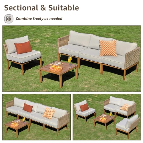 5 Piece Wicker Patio Sectional Furniture Sets Outdoor Sofa Rattan Couch, All Weather Outdoor Conversation Set with Metal Table,5" Cushions for Deck,Poolside,Backyard,Balcony