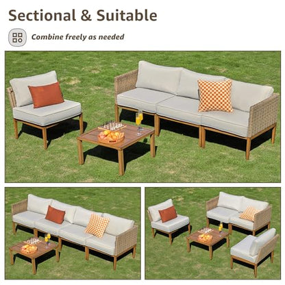 5 Piece Wicker Patio Sectional Furniture Sets Outdoor Sofa Rattan Couch, All Weather Outdoor Conversation Set with Metal Table,5" Cushions for Deck,Poolside,Backyard,Balcony