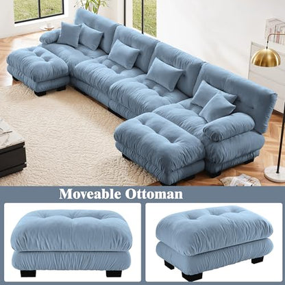 Oversized Modular Velvet Sectional Cloud Sofa Couch with Movable Ottoman,Corner Sofa with Comfortable Armrests, Deep Seat, Convertible L or U Shaped Couch (Sky-Light Blue, 4 Seat + 2 Ottoman)