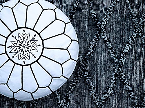 Premium Moroccan Leather Pouf Cover - Round & Large Ottoman Footstool Cover with Embroidery - Cover ONLY - Perfect for The Living Room Bedroom, Kids Room, Gift & Wedding (White By Black)