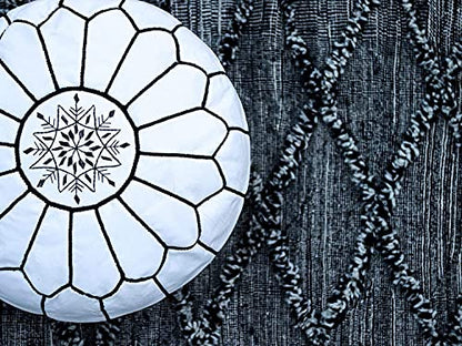 Premium Moroccan Leather Pouf Cover - Round & Large Ottoman Footstool Cover with Embroidery - Cover ONLY - Perfect for The Living Room Bedroom, Kids Room, Gift & Wedding (White By Black)