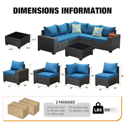 6 Pieces Patio Furniture Set All-Weather Outdoor Wicker Sectional Conversation Sofa Rattan Patio Seating Sofa with Cushion and Glass Table for Porch Poolside,Peacock Blue