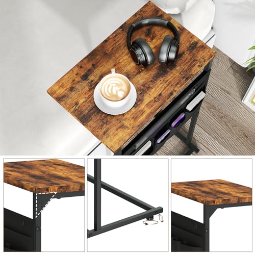 C Shaped End Table, Small Side Table with Storage Bag for Couch, Sofa Table with Metal Frame for Living Room and Bedroom Bedside, Rustic Brown ZER-007Br
