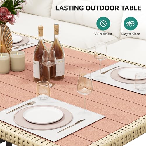 Patio Wicker L-Shaped Furniture Set, All-Weather Rattan Outdoor Conversation Sofa Set for Backyard Deck with Soft Cushions,Ottomans and Plastic Wood Dining Table (Light Brown+Beige)
