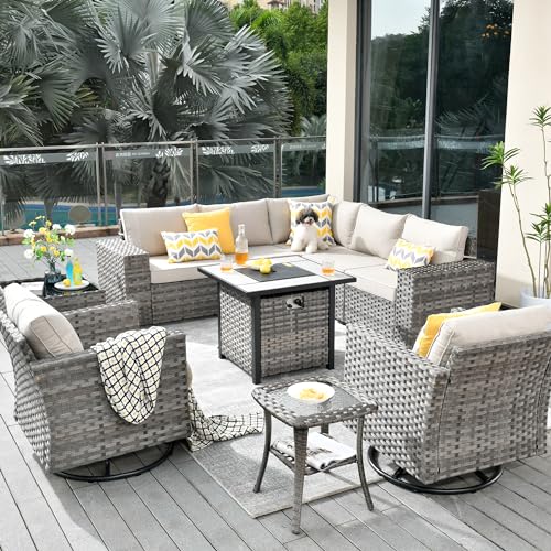 10 Piece Modular Patio Outdoor Sectional Furniture Set with Gas Propane Fire Pit Table,Wicker Conversation Sofa Set with Swivel Chairs,Outside Couch Set(Beige)